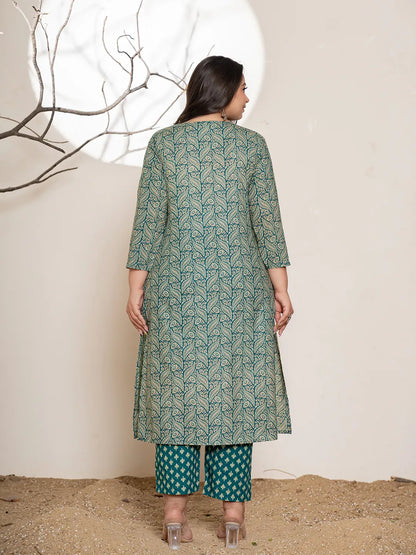 Teal Green Embroidered Cotton Plus Size Suit Set
