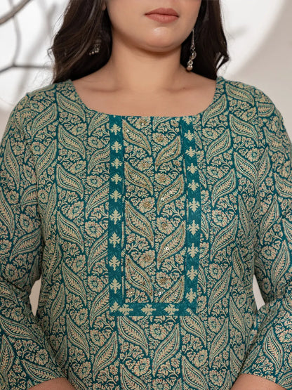Teal Green Embroidered Cotton Plus Size Suit Set