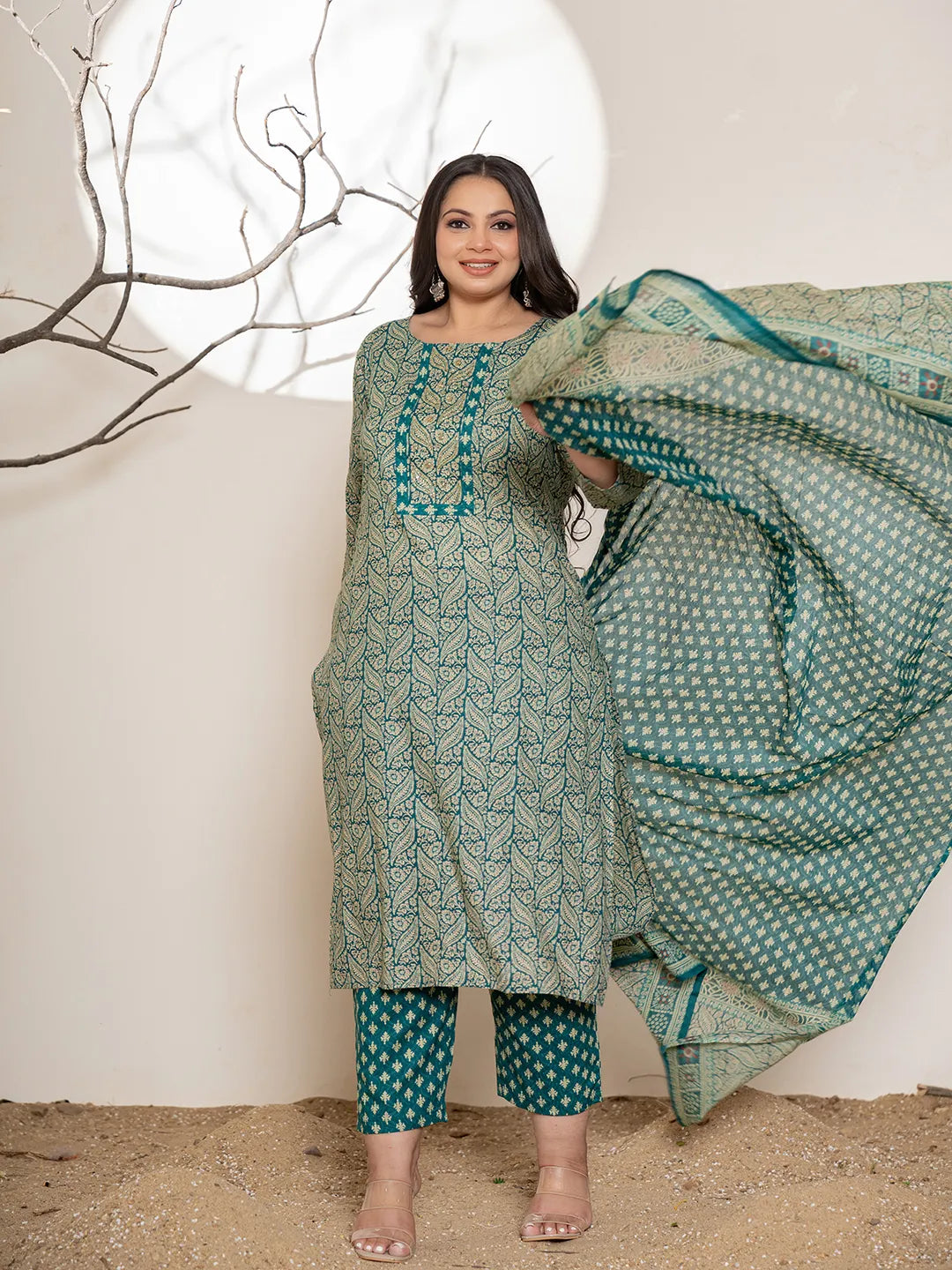 Teal Green Embroidered Cotton Plus Size Suit Set