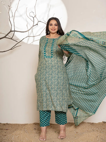 Teal Green Embroidered Cotton Plus Size Suit Set