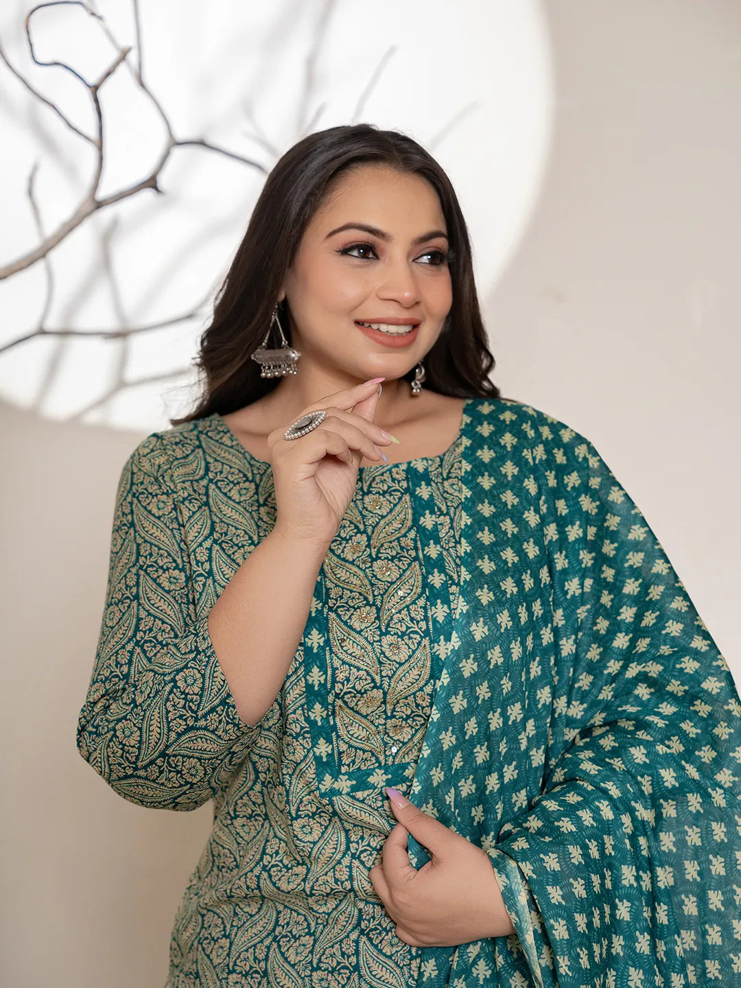 Teal Green Embroidered Cotton Plus Size Suit Set