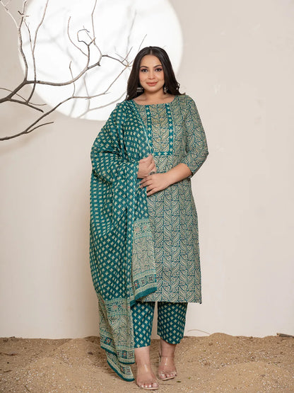 Teal Green Embroidered Cotton Plus Size Suit Set