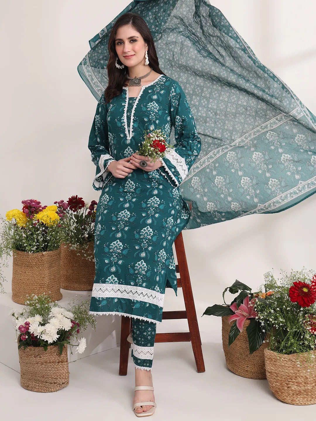 Teal Green Floral Print Pakistani Style Kurta Trouser And Dupatta Set