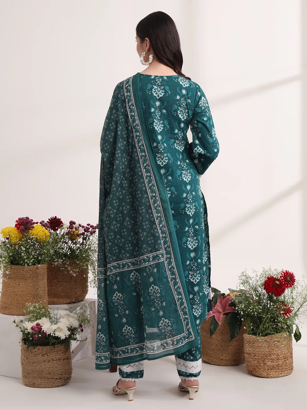 Teal Green Floral Print Pakistani Style Kurta Trouser And Dupatta Set
