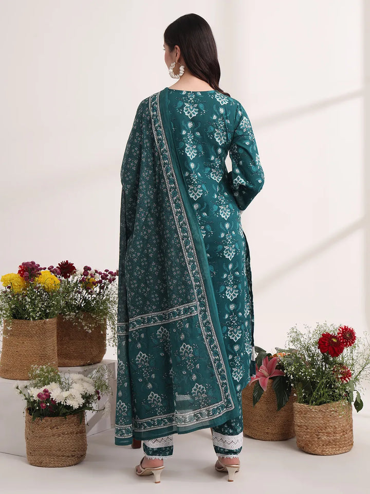 Teal Green Floral Print Pakistani Style Kurta Trouser And Dupatta Set