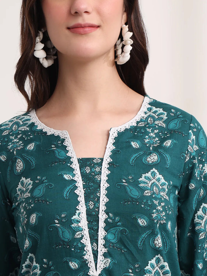 Teal Green Floral Print Pakistani Style Kurta Trouser And Dupatta Set