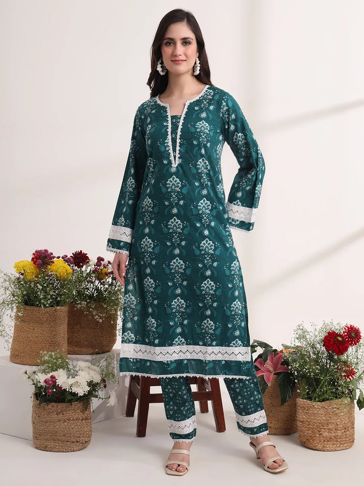 Teal Green Floral Print Pakistani Style Kurta Trouser And Dupatta Set