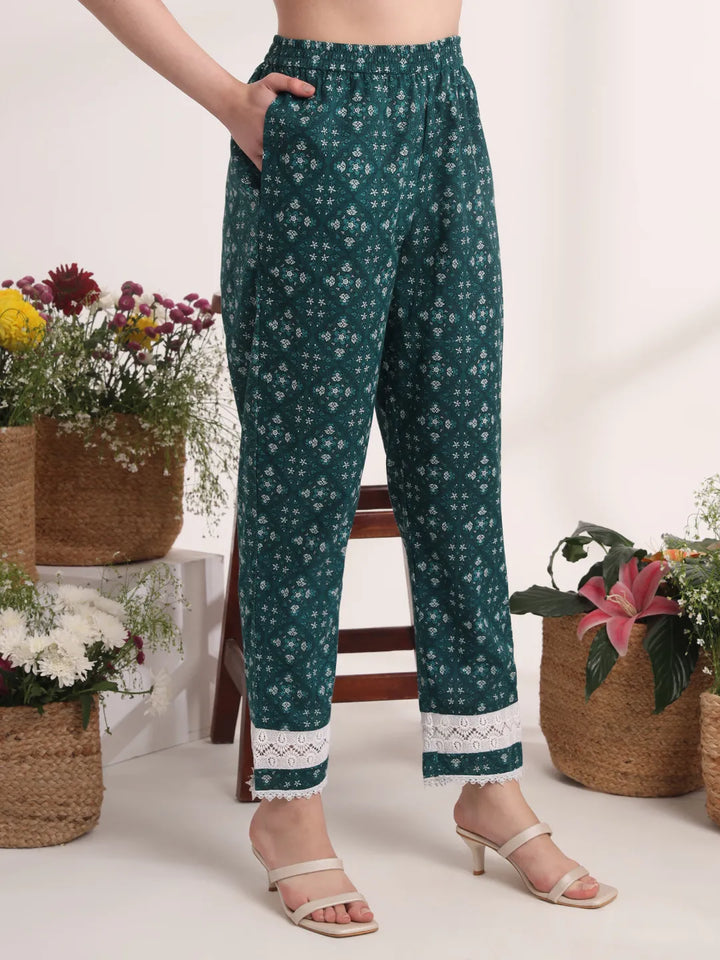 Teal Green Floral Print Pakistani Style Kurta Trouser And Dupatta Set