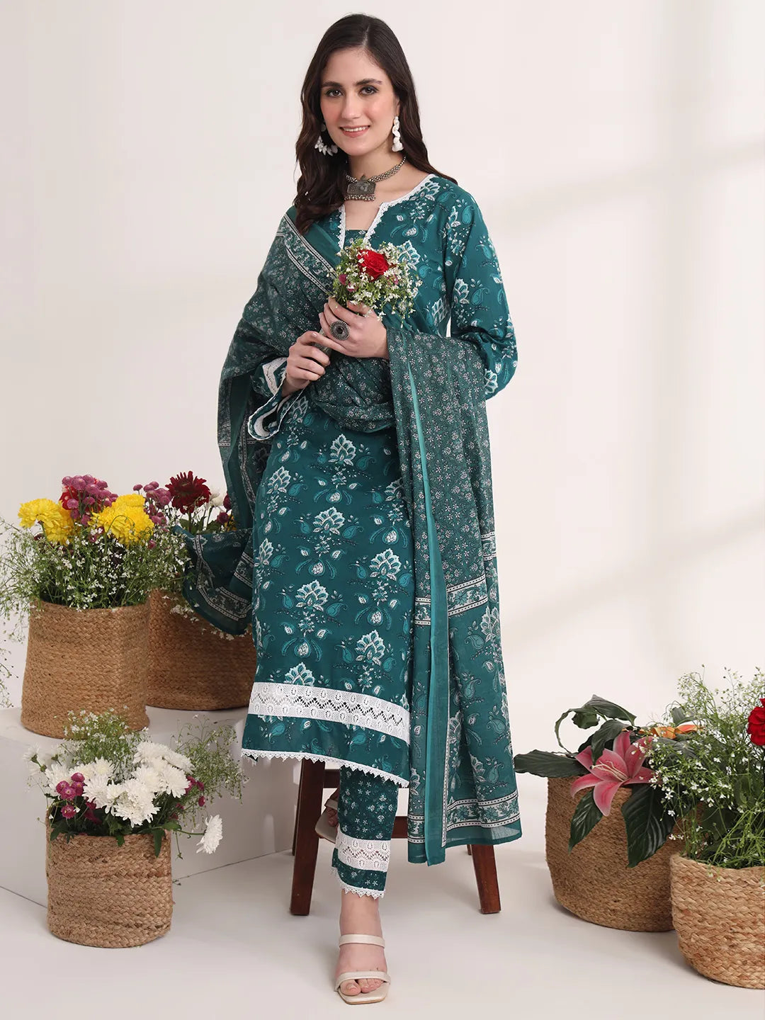 Teal Green Floral Print Pakistani Style Kurta Trouser And Dupatta Set