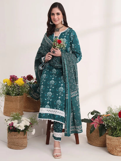 Teal Green Floral Print Pakistani Style Kurta Trouser And Dupatta Set