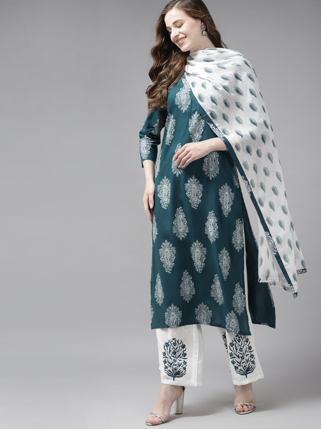 Teal Green &amp; Off-White Printed Dupatta Set