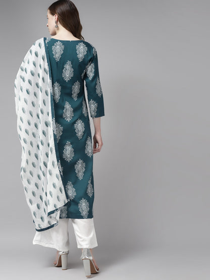 Teal Green & Off-White Printed Dupatta Set