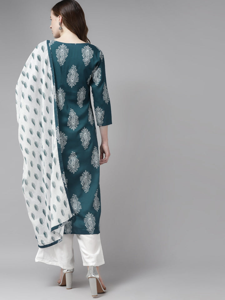 Teal Green &amp; Off-White Printed Dupatta Set