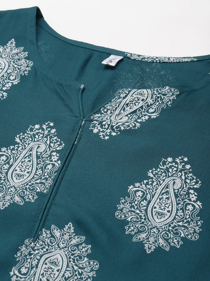 Teal Green &amp; Off-White Printed Dupatta Set