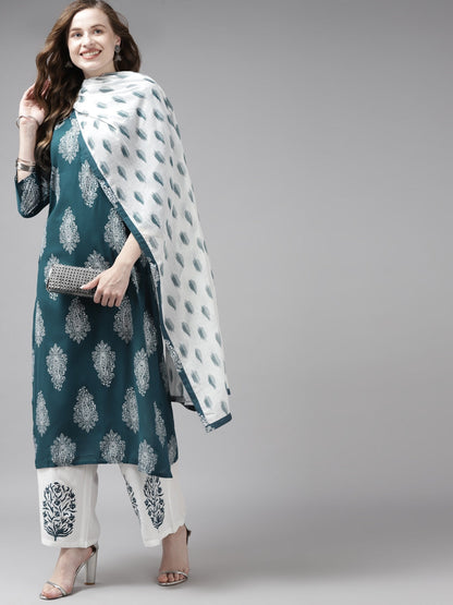 Teal Green & Off-White Printed Dupatta Set