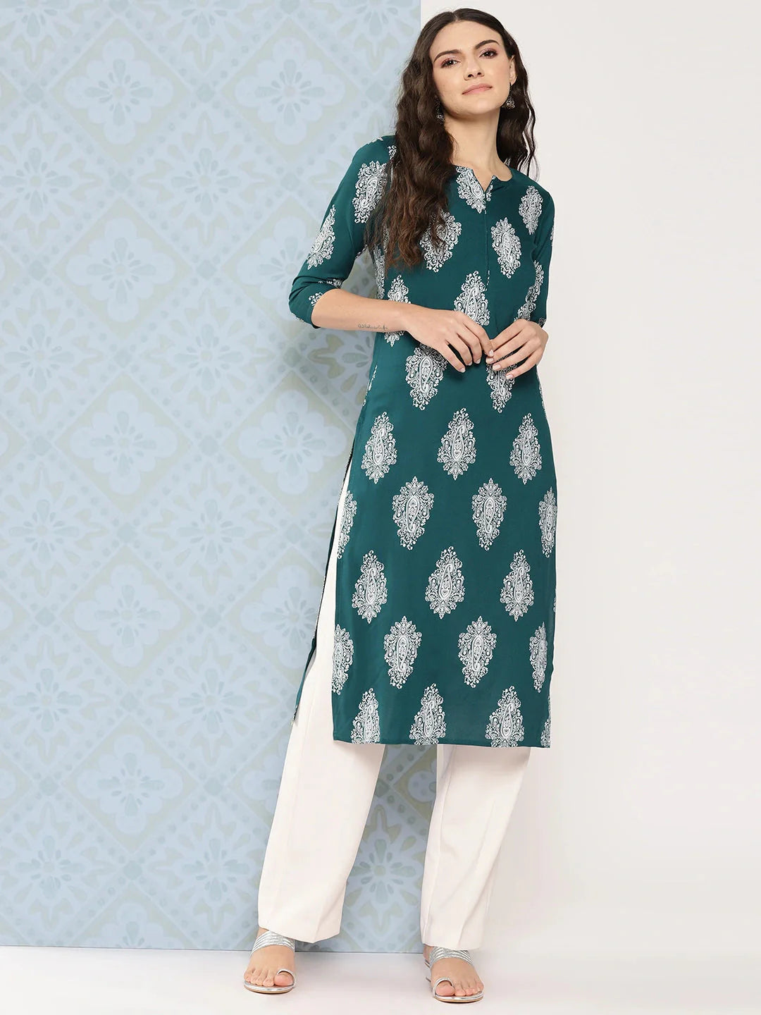 Teal Green Paisley Printed Kurta