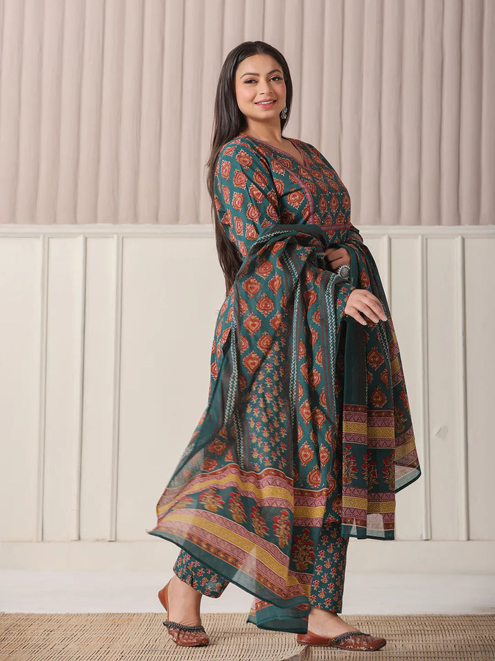 Teal Green Pure Cotton Sequins-Cut Dana Work Kurta Dupatta Pant Set