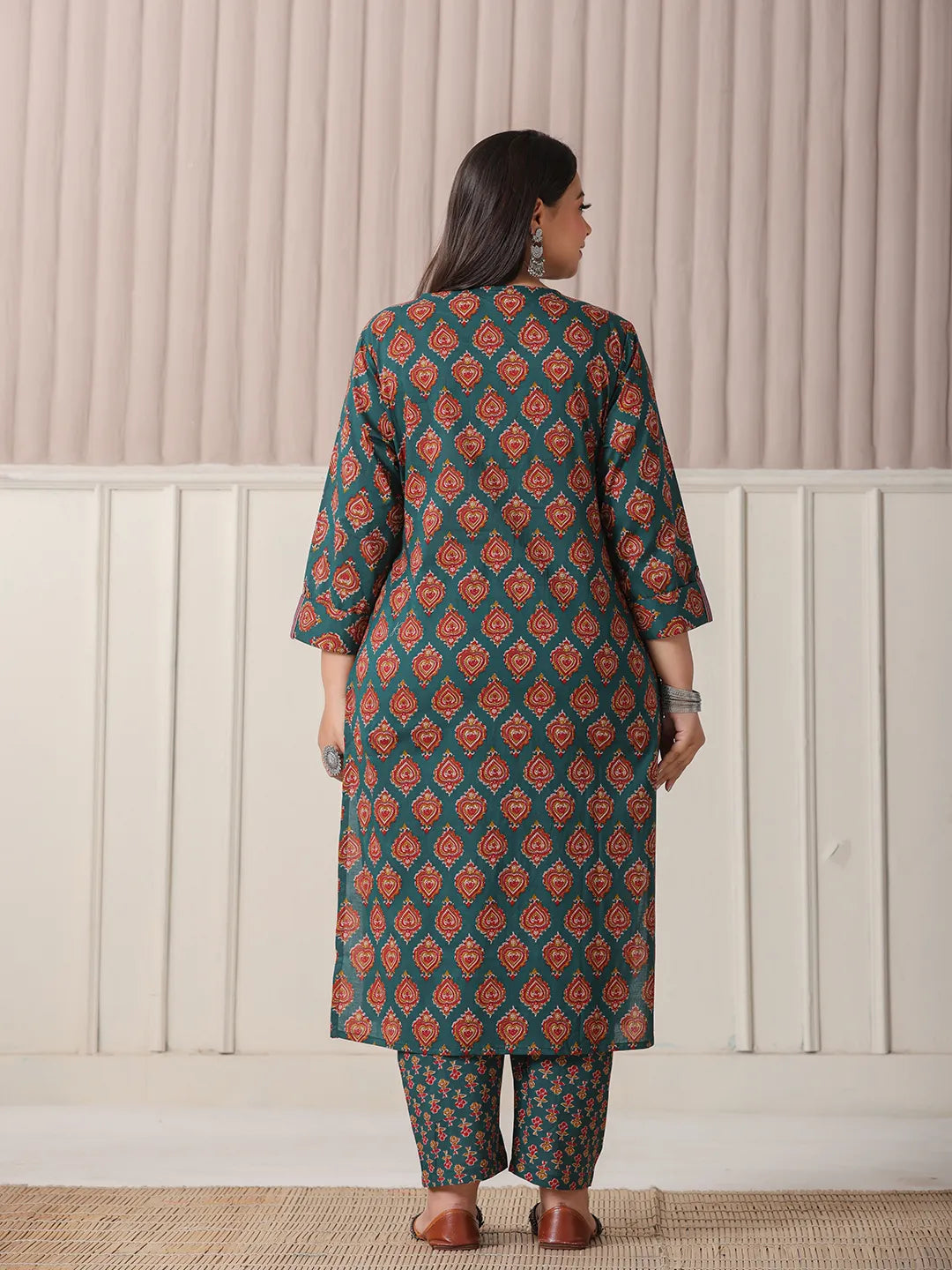 Teal Green Pure Cotton Sequins-Cut Dana Work Kurta Dupatta Pant Set