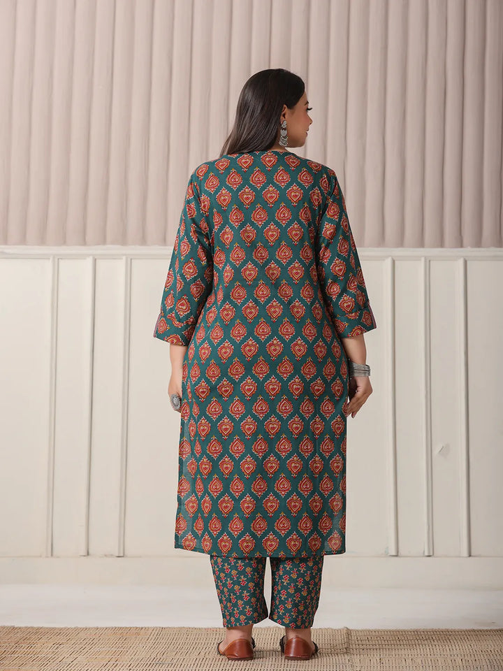 Teal Green Pure Cotton Sequins-Cut Dana Work Kurta Dupatta Pant Set