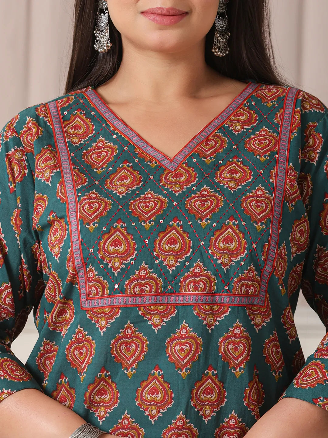 Teal Green Pure Cotton Sequins-Cut Dana Work Kurta Dupatta Pant Set