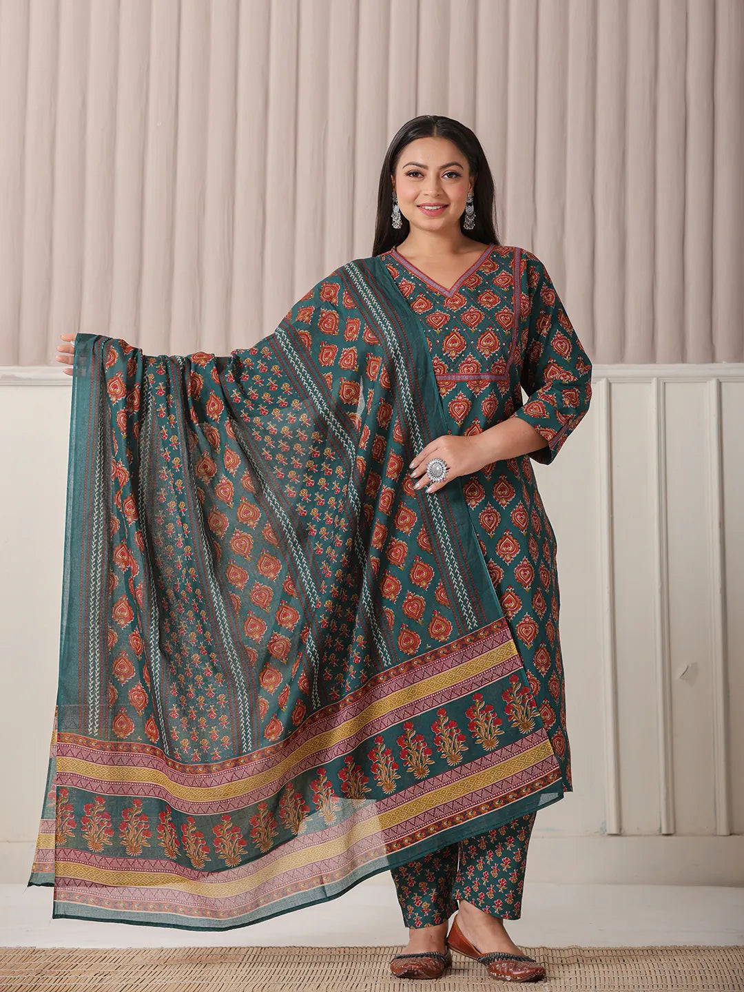 Teal Green Pure Cotton Sequins-Cut Dana Work Kurta Dupatta Pant Set