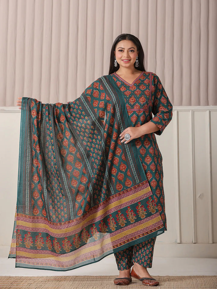 Teal Green Pure Cotton Sequins-Cut Dana Work Kurta Dupatta Pant Set