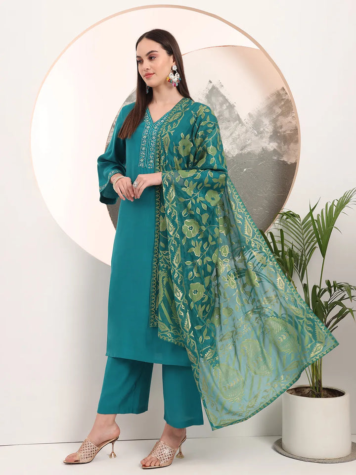 Teal Green Thread Work Kurta Trouser And Dupatta Set