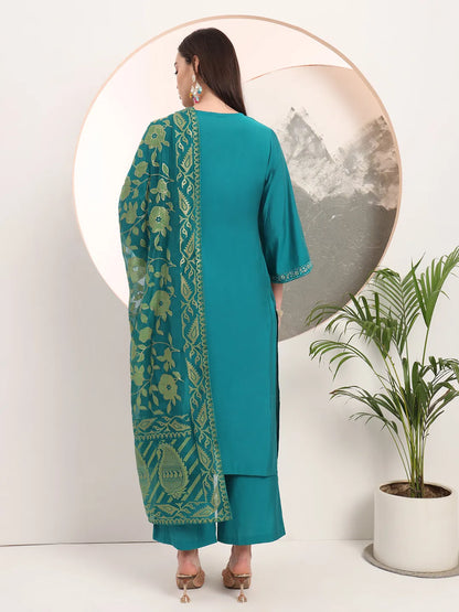 Teal Green Thread Work Kurta Trouser And Dupatta Set