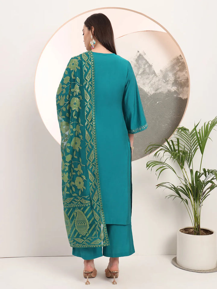Teal Green Thread Work Kurta Trouser And Dupatta Set