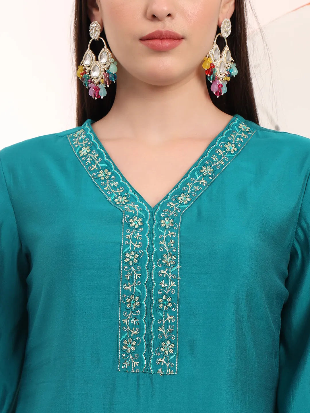 Teal Green Thread Work Kurta Trouser And Dupatta Set