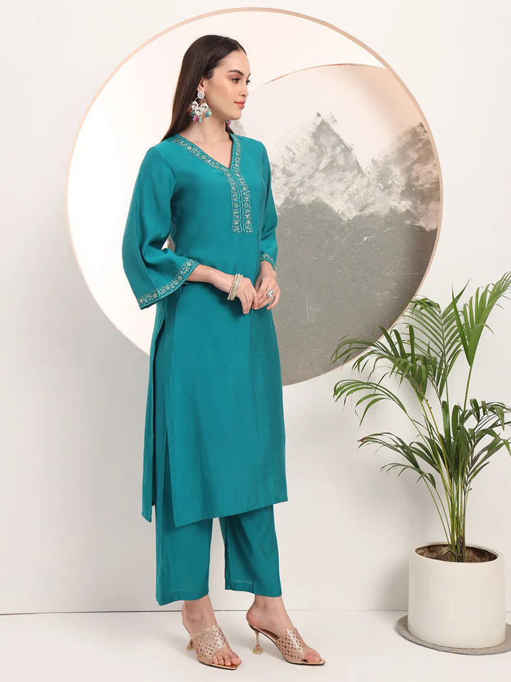 Teal Green Thread Work Kurta Trouser And Dupatta Set