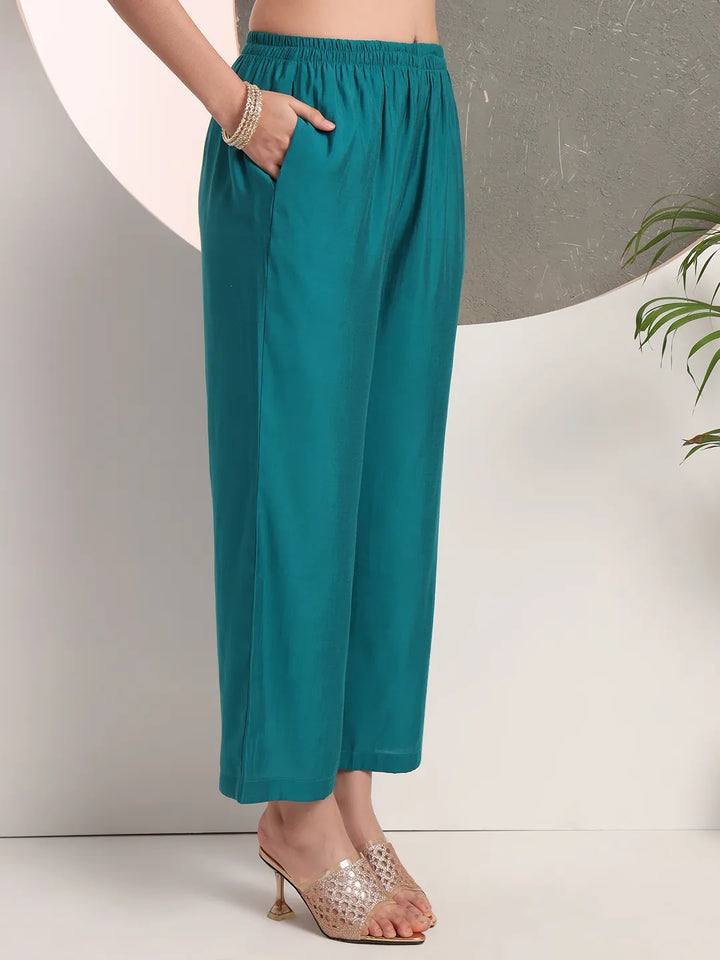 Teal Green Thread Work Kurta Trouser And Dupatta Set