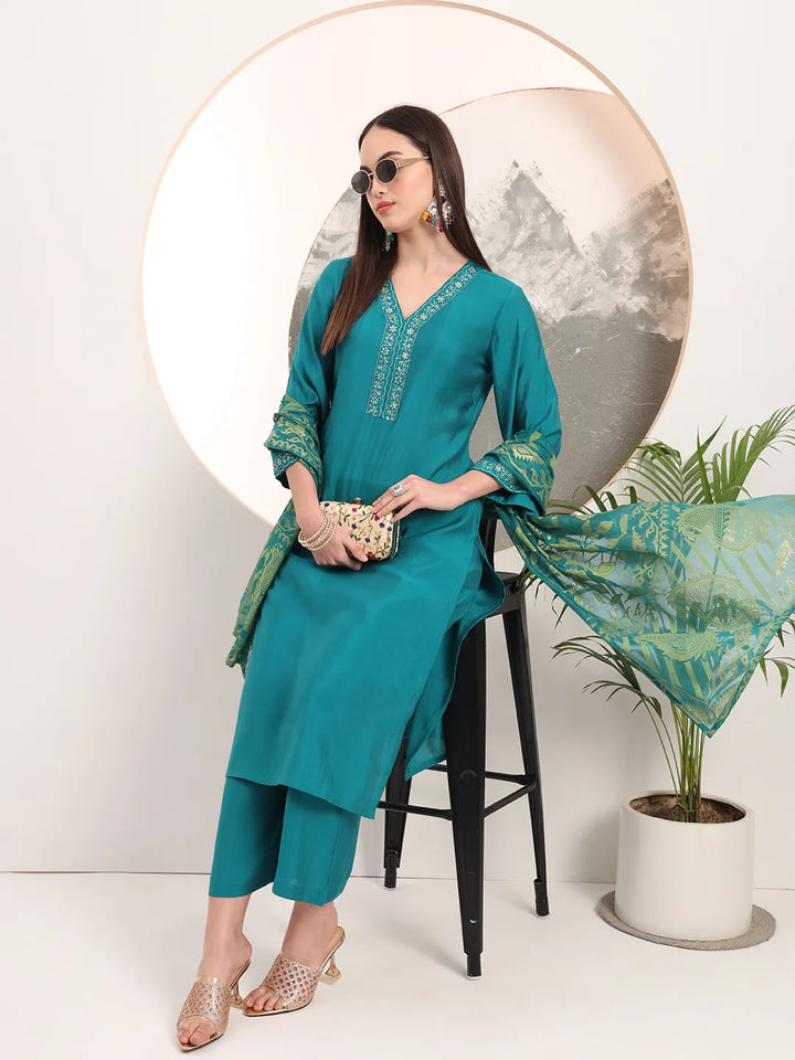 Teal Green Thread Work Kurta Trouser And Dupatta Set
