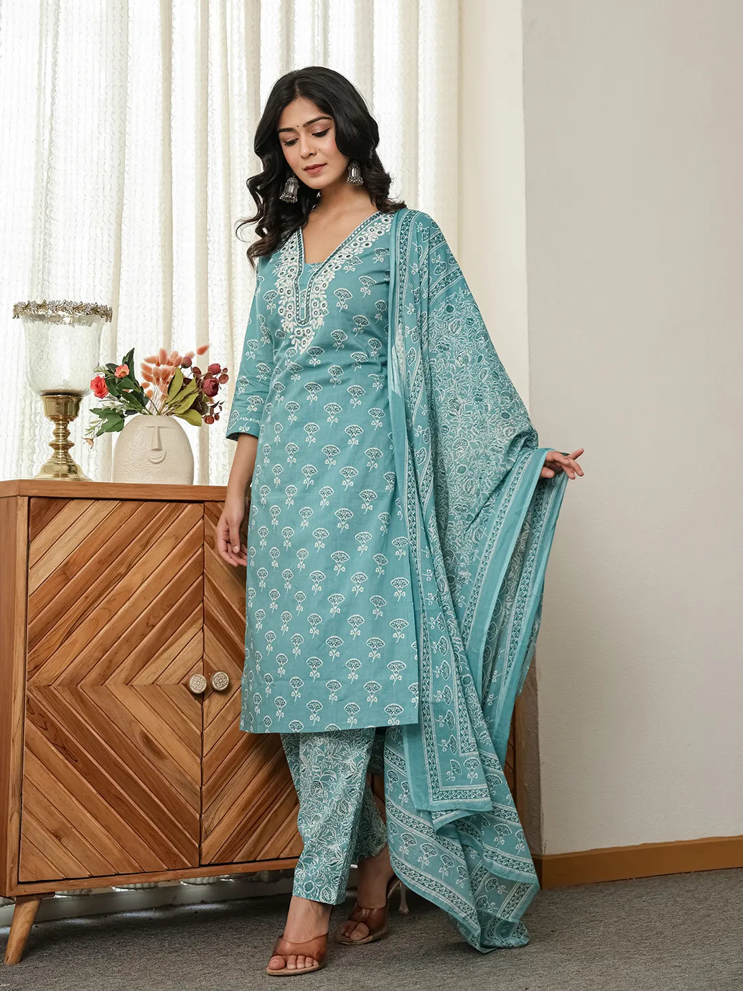 Torques Blue Pure Cotton Kurta Dupatta Set