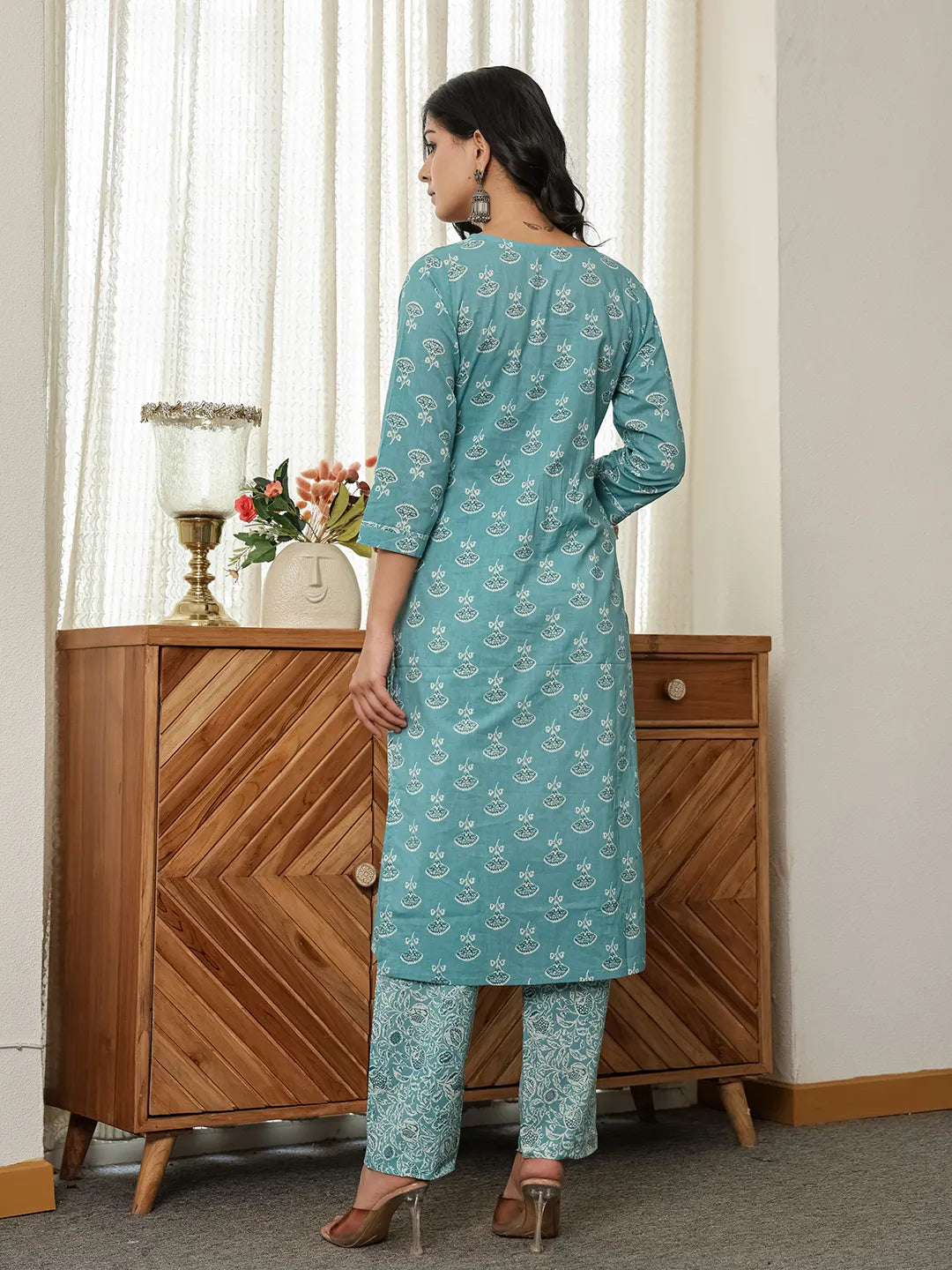 Torques Blue Pure Cotton Kurta Dupatta Set