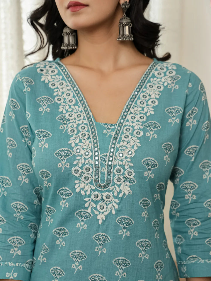 Torques Blue Pure Cotton Kurta Dupatta Set