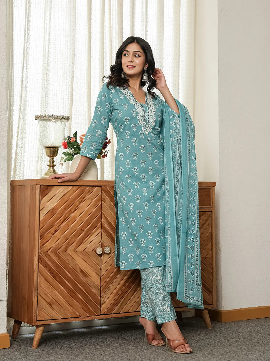 Torques Blue Pure Cotton Kurta Dupatta Set