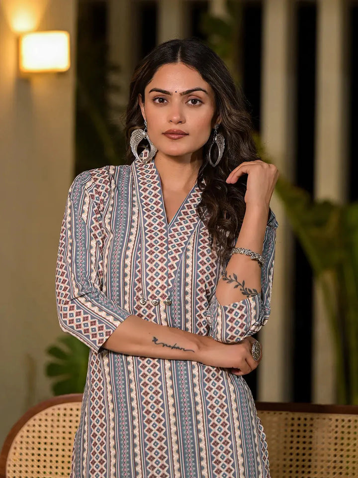 Turquoise Blue Cotton Ethnic Motifs Striped Print Co Ord Set