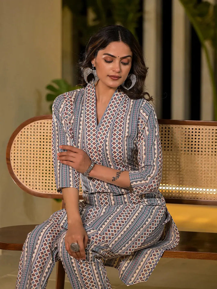 Turquoise Blue Cotton Ethnic Motifs Striped Print Co Ord Set
