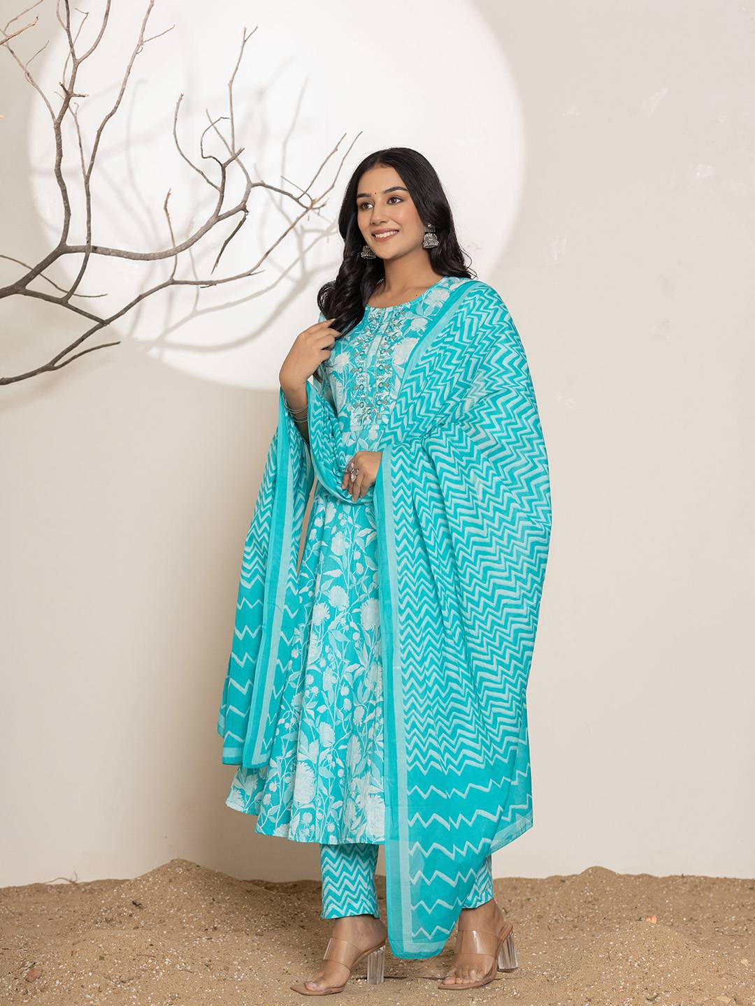 Turquoise Blue Floral Print Embroidery Cotton Anarkali Suit Set