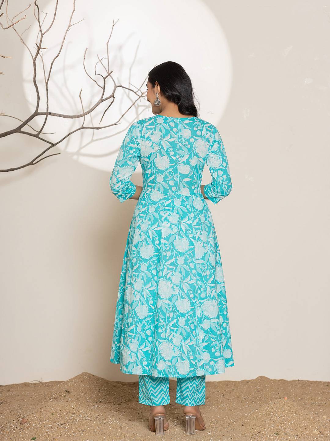 Turquoise Blue Floral Print Embroidery Cotton Anarkali Suit Set