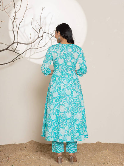 Turquoise Blue Floral Print Embroidery Cotton Anarkali Suit Set