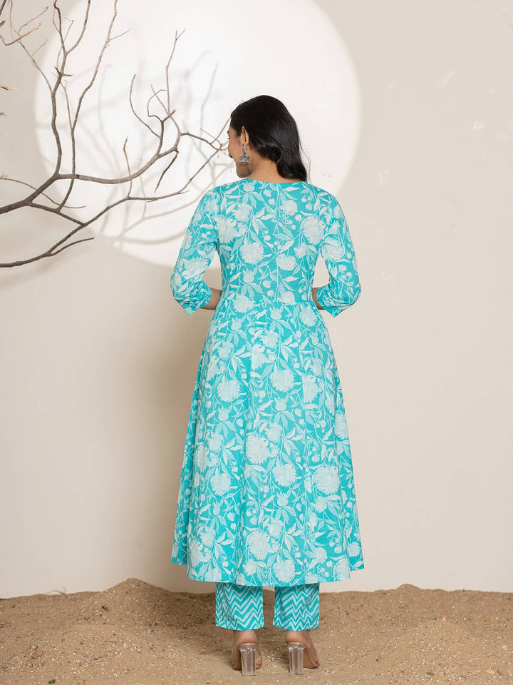 Turquoise Blue Floral Print Embroidery Cotton Anarkali Suit Set