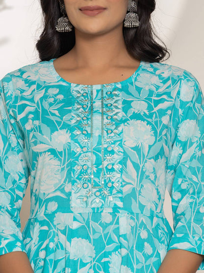 Turquoise Blue Floral Print Embroidery Cotton Anarkali Suit Set