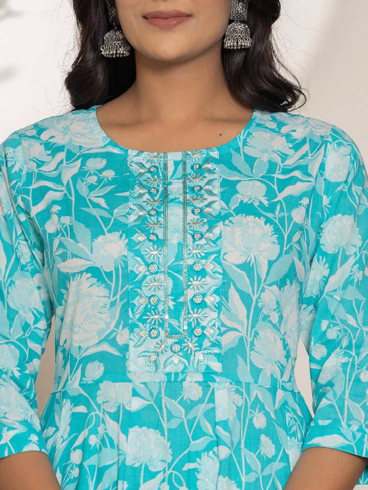 Turquoise Blue Floral Print Embroidery Cotton Anarkali Suit Set