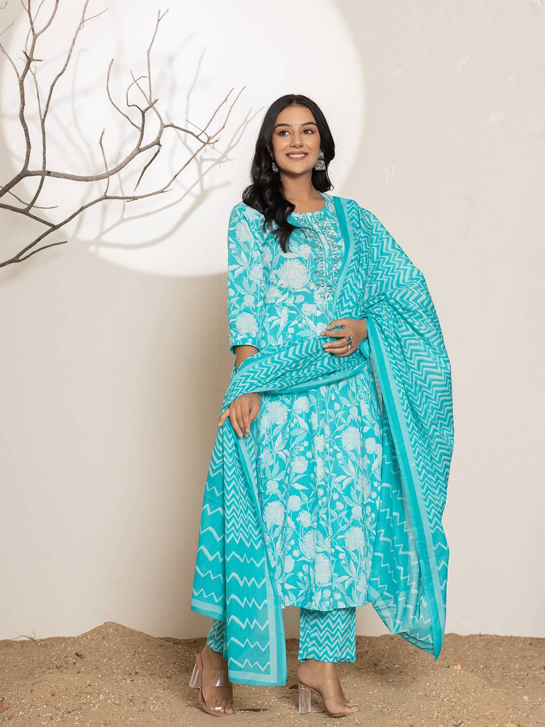 Turquoise Blue Floral Print Embroidery Cotton Anarkali Suit Set