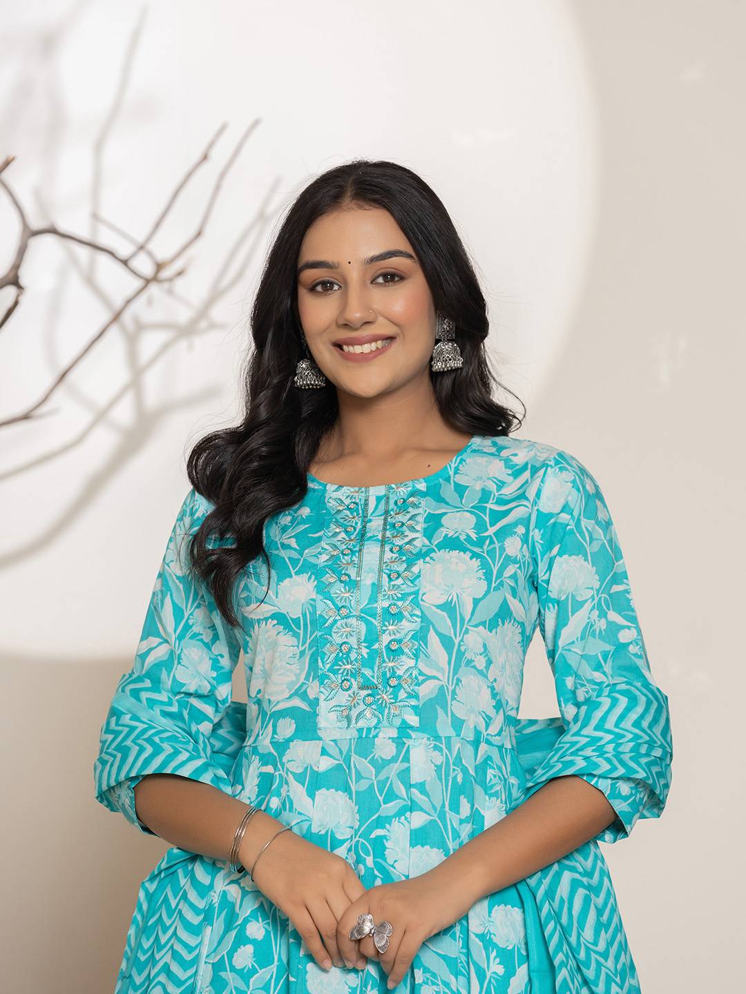Turquoise Blue Floral Print Embroidery Cotton Anarkali Suit Set