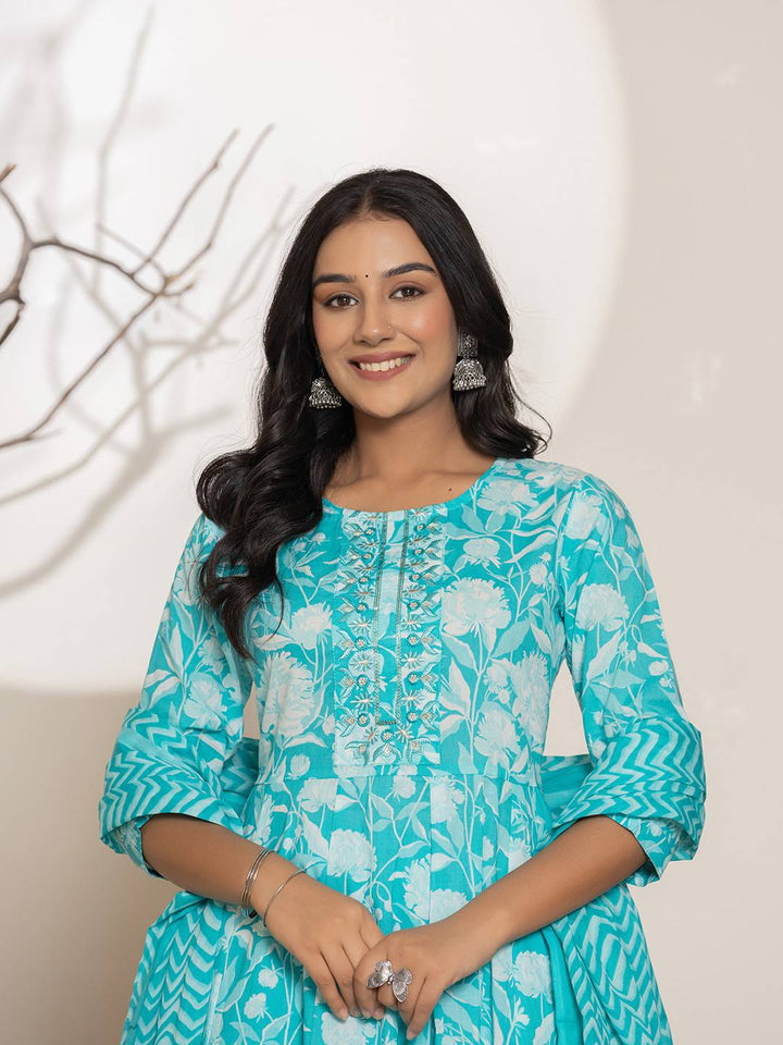 Turquoise Blue Floral Print Embroidery Cotton Anarkali Suit Set