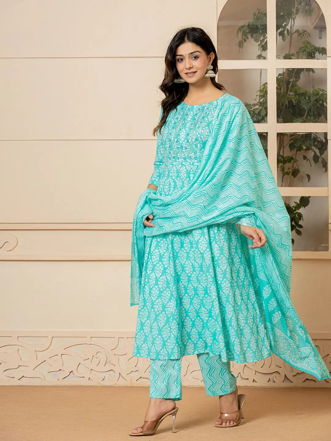 Turquoise Embroidered Pure Cotton Anarkali Kurta Trouser With Dupatta Set