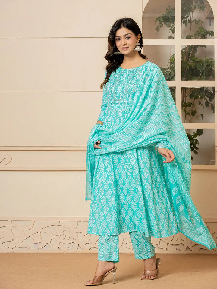 Turquoise Embroidered Pure Cotton Anarkali Kurta Trouser With Dupatta Set